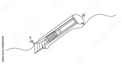 Line art of a utility knife cutting thread with simple design. Non editable stroke