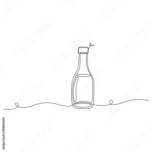 Minimalist continuous line drawing of a bottle with leaf accent. Non editable stroke