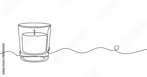 Minimalist one-line drawing of candle in glass holder with simple black line art design. Non editable stroke