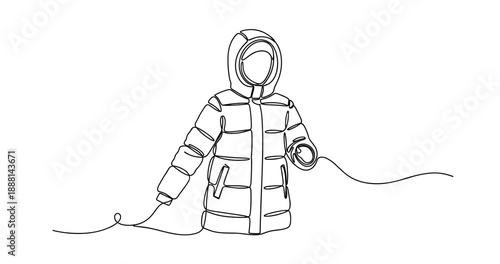 Minimalist line drawing of hooded puffer jacket without face or details. Non editable stroke