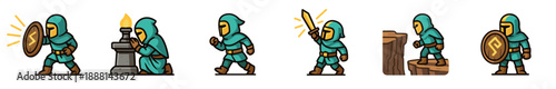 Collection of cartoon knight character sprites in turquoise armor showing various poses like walking, fighting with a sword, defending with a shield, and kneeling at a torch