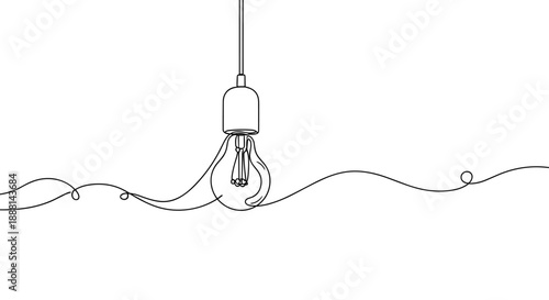 Continuous line drawing of hanging light bulb with decorative wire design. Non editable stroke