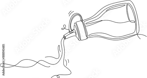 Continuous line drawing of pouring glass milk bottle with flowing liquid. Non editable stroke