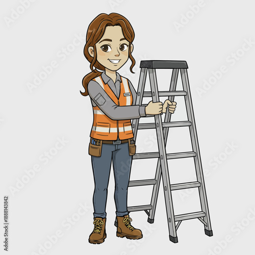 A cheerful female construction worker stands proudly beside a sturdy stepladder, ready for work