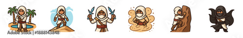Collection of six desert nomad character illustrations in a cute cartoon style, depicting the adventurer climbing a rock, holding daggers, and standing in a sandstorm