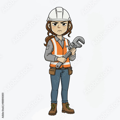 Determined female construction worker holding a large wrench ready for a challenging project