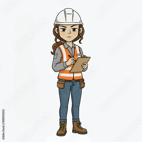 Determined female construction engineer in safety vest diligently taking notes on clipboard