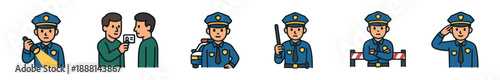 Police officer icon set showing a policeman performing various duties, including using a flashlight, checking identification, standing by a patrol car, holding a baton, and saluting