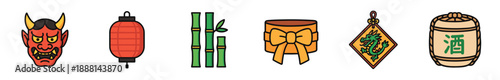 Set of colorful Japanese cultural icons including an oni mask, paper lantern, bamboo, gift, dragon amulet, and sake barrel in a simple flat illustration style
