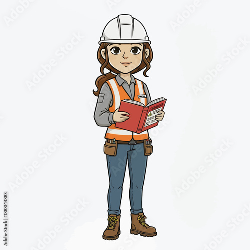 Professional woman in construction gear studying a manual with a focused expression
