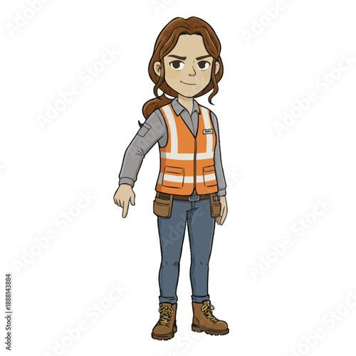 Dedicated female construction worker with safety gear pointing downwards for emphasis