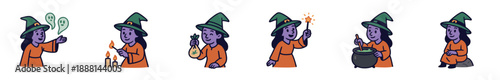 Set of cute cartoon witch character illustrations performing various magical activities like casting spells, brewing potions, and holding a magic wand for a whimsical Halloween theme