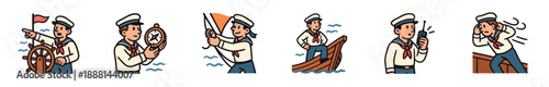 Set of six cartoon sailor character illustrations showing a seaman steering a ship, holding a compass, signaling with a flag, and using a radio in a retro comic style