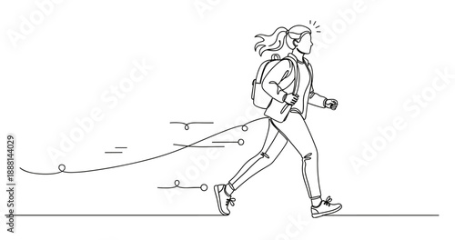 Sketch of female runner with long hair and backpack in motion. Non editable stroke
