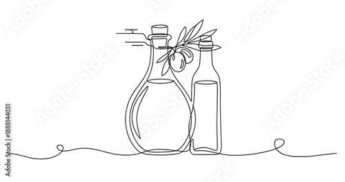 Elegant continuous line drawing of olive oil bottles and olive branch. Non editable stroke