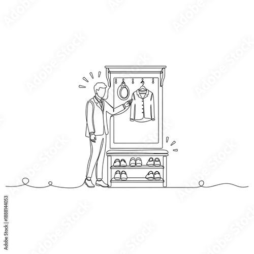 Line art of male choosing outfit from closet. Non editable stroke