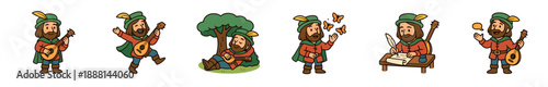 Cartoon medieval bard character set shows the minstrel playing a lute, singing, writing a song with a quill pen, resting under a tree, and interacting with butterflies