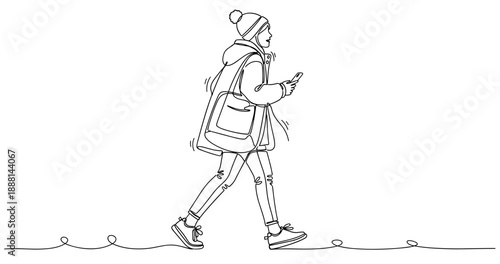 Young female walking with phone in winter wear. Non editable stroke