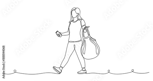 Young caucasian female walking with bag and smartphone in minimalist line art. Non editable stroke