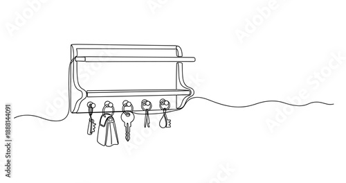 Minimalist line art key holder with hooks on wall. Non editable stroke