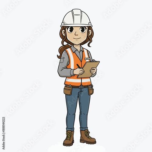 Cartoon female construction worker meticulously taking notes on a clipboard with safety gear on