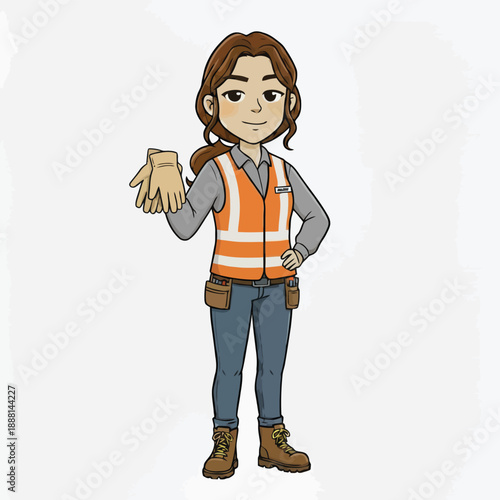 Skilled professional woman in construction attire showcasing safety gear with a friendly demeanor
