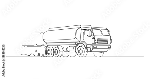 Line art of a fuel tanker truck on the road with speed lines. Non editable stroke