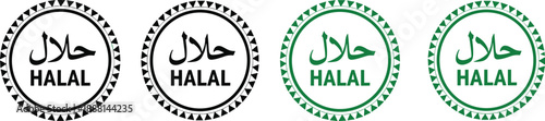HALAL certification logo icon set with Arabic and English text, vector illustration, editable design, isolated food compliance symbols