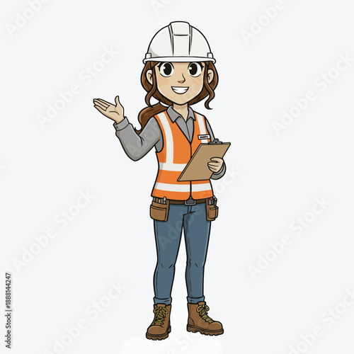 A cheerful female construction worker in safety gear holding a clipboard and gesturing