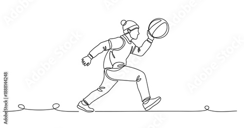 Continuous line drawing of young male playing basketball in winter attire. Non editable stroke