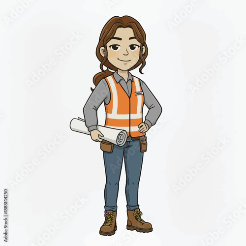 A determined female construction professional holding blueprints on a plain background