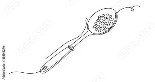 Continuous line drawing of a ladle with round serving holes. Non editable stroke