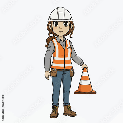 Young Female Construction Worker Dressed in Safety Gear Holding an Orange Traffic Cone Standing