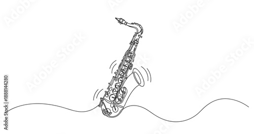 Continuous line drawing of a saxophone on a wavy line. Non editable stroke