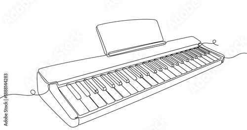 Continuous line drawing of modern digital piano with music stand. Non editable stroke