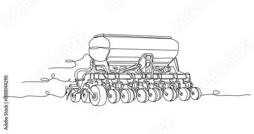 Continuous line drawing of a modern agricultural seeder machine. Non editable stroke