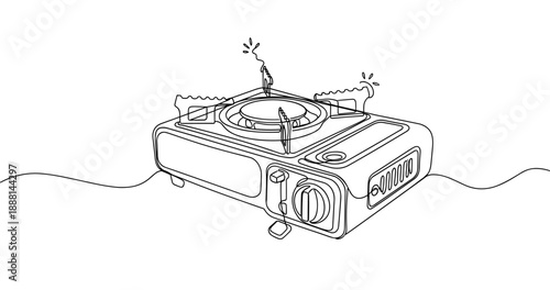Continuous line drawing of a portable camping stove with flames and control knob. Non editable stroke