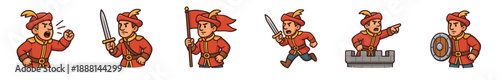 Set of cartoon medieval warrior characters in different action poses, including running with a sword, shouting commands, holding a flag, pointing from a tower, and defending with a shield