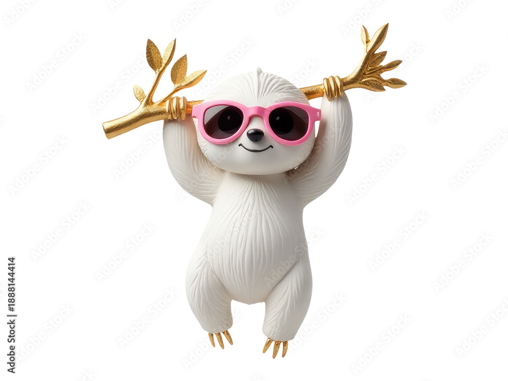 Obraz premium A sloth relaxes in a tree, wearing bright pink sunglasses