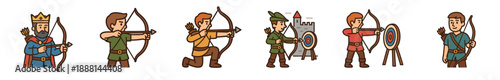 Set of six medieval archer cartoon characters in different poses, including a king, a kneeling bowman, and men aiming at targets in a flat vector illustration style