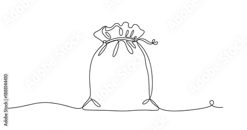 Continuous line drawing of a bag with drawstring closure on white background. Non editable stroke