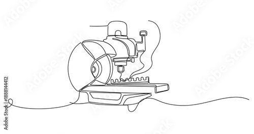 Continuous line drawing of industrial circular saw with blade and base platform. Non editable stroke