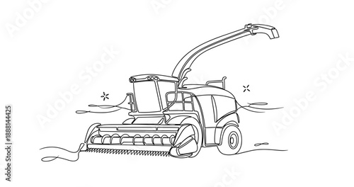 Line art of modern combine harvester in action with agricultural details. Non editable stroke