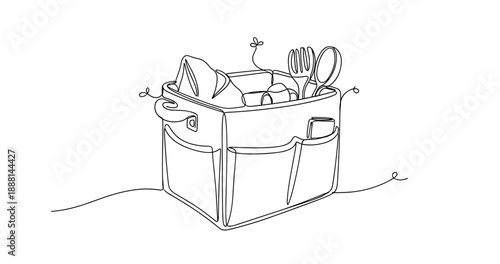 Minimalist continuous line drawing of a kitchen utensil holder with various cooking tools. Non editable stroke