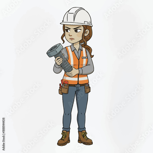 Determined female construction worker holding a large bolt with tools in her belt ready to build