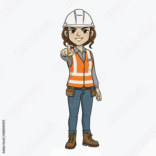 Cartoon construction worker woman pointing forward with confidence and determination