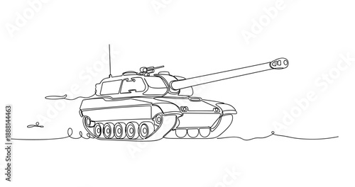 Line art of military tank with long cannon and tracks on white background. Non editable stroke