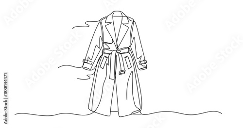 Minimalist line art of a stylish trench coat on white background. Non editable stroke