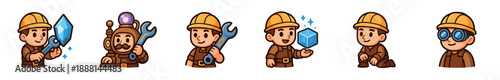 Set of cute cartoon worker characters for a video game, featuring a miner with a crystal, a steampunk engineer with a wrench, and a builder in a hard hat in various poses