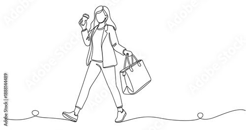 Female adult with coffee and shopping bag in continuous line art. Non editable stroke